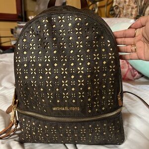Michael Kors Rhea Dark Brown and Gold Patterned Backpack